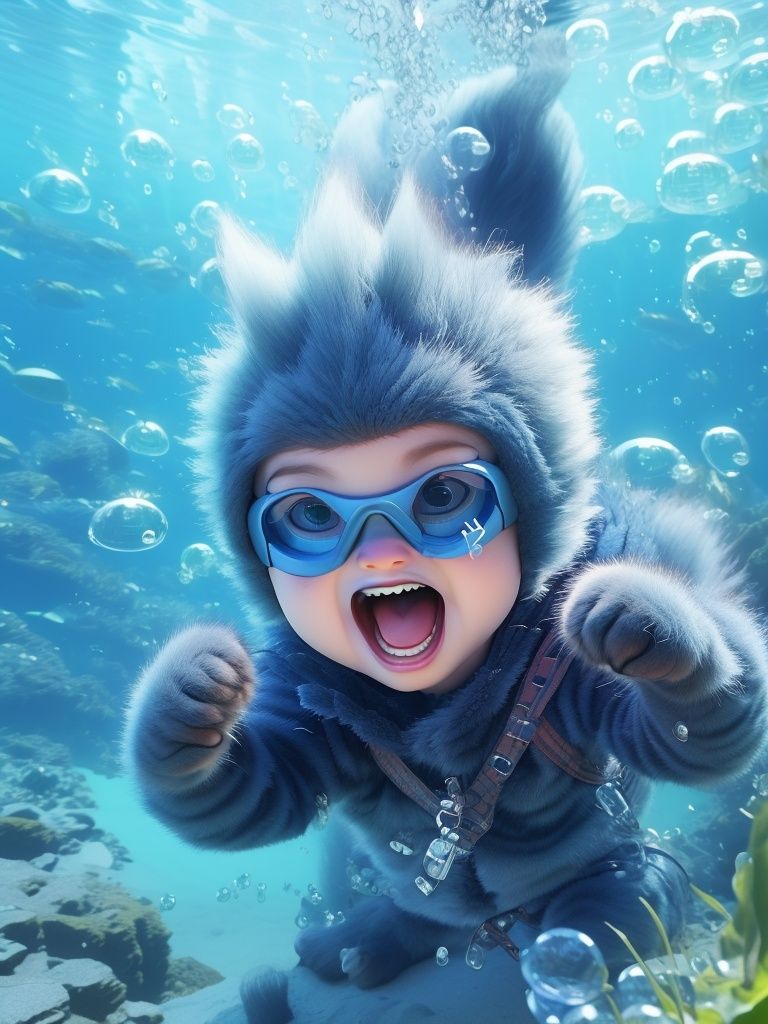 ixar style,MG_ip,cat,goggles,green eyes,bubble,open mouth,underwater,fangs,looking at viewer,solo,goggles on head,no humans,blush,air bubble,full body,animal,male focus,furry,<lora:泡泡马特2:0.8>,