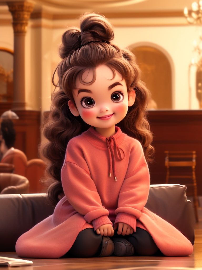 Pixar style,MG ip,1girl,solo,long hair,smile,sitting,brown hair,sweater,wavy hair,looking to the side,couch,red sweater,looking away,blurry,brown eyes,lips,indoors,closed mouth,thick eyebrows,head rest,long sleeves,blurry background,blush,<lora:泡泡马特3:0.8>,bobbles,