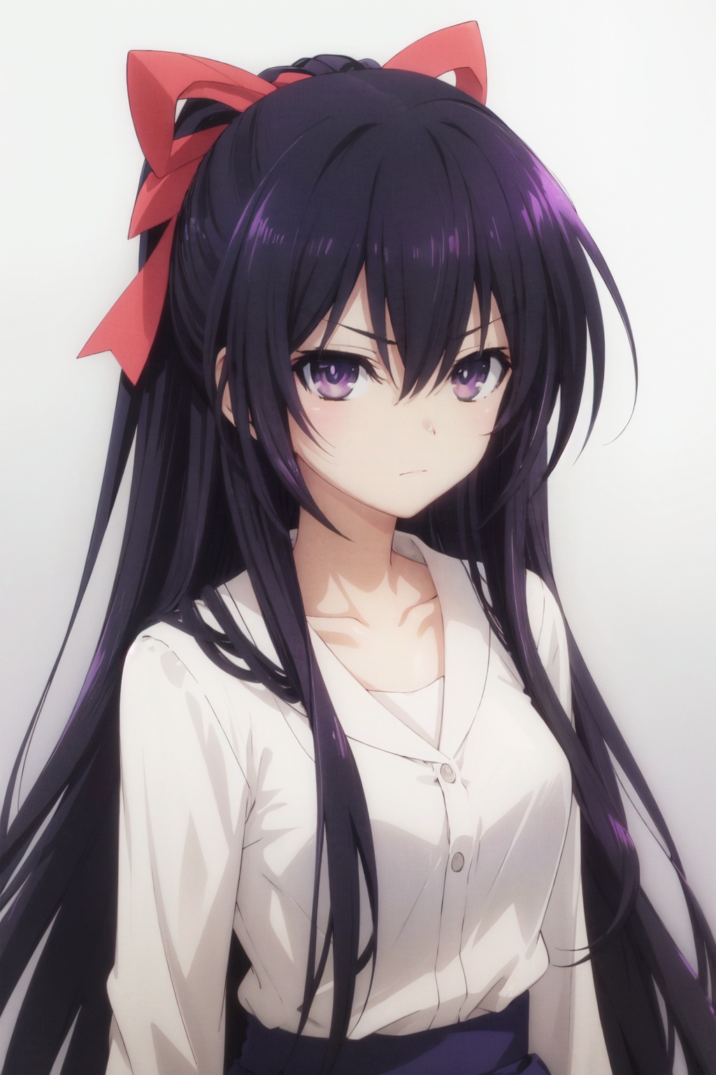 1girl, solo, purple eyes, long hair, looking at viewer, ribbon, purple hair, hair ribbon, hair between eyes, collarbone, closed mouth, anime coloring, bangs, pink ribbon, v-shaped eyebrows, frown, white shirt