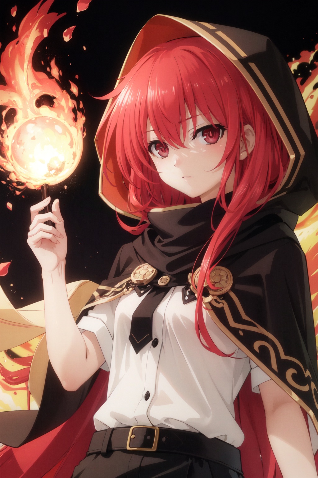 1girl, (red hair)), red eyes, 17yo, long hair, (loose long hair), ((black cloak)), (cape hood), scarf, red moon, night, floating red flowers falling, upper body, intense shadows, ash, fire, ice, ink splashing