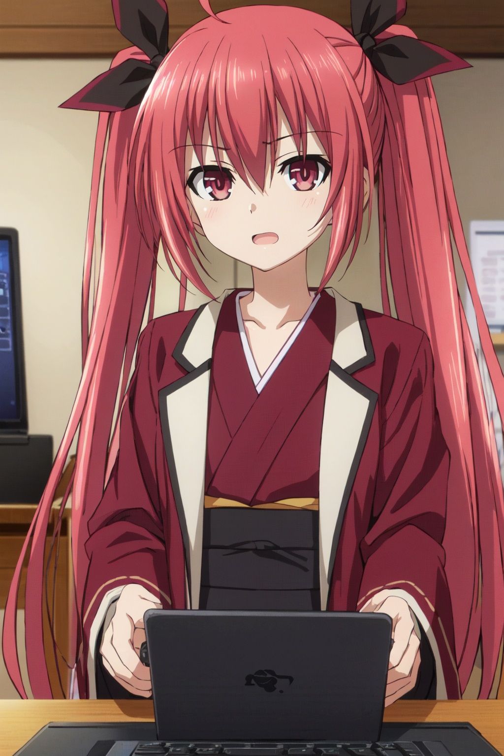 1girl, solo, red hair, long hair, twintails, red eyes, open mouth, ribbon, ahoge, hair ribbon, jacket on shoulders, collarbone, black ribbon, computer, jacket, hair between eyes, looking at viewer, upper body, laptop, japanese clothes, kimono, bangs<lora:taotingyuanhdLycoris:0.3:lbw=NF>,<lora:detolovehdLycoris:0.6>,