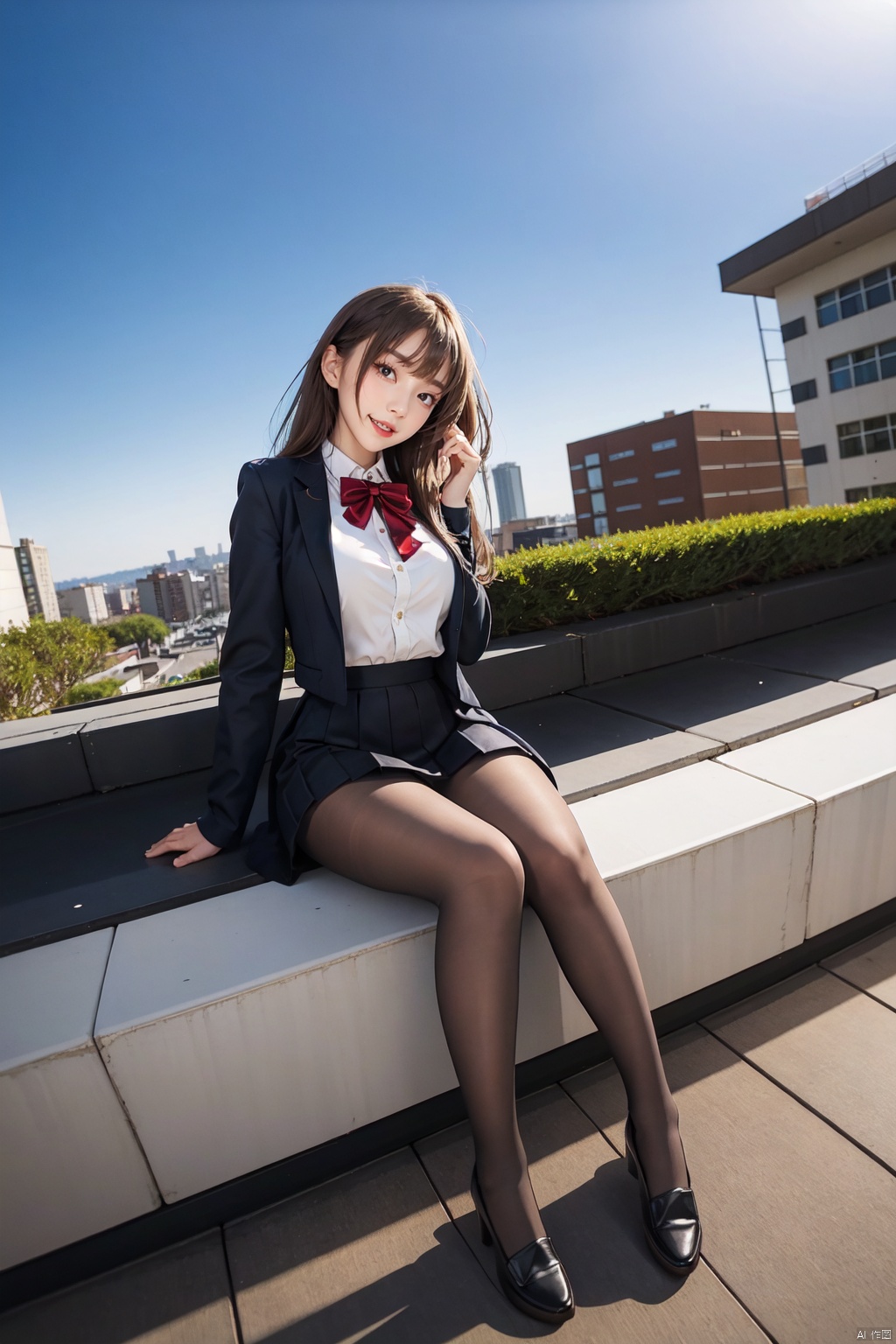 (best quality), ((masterpiece)), (highres), illustration, original, extremely detailed, 1girl, solo, pantyhose, long hair, solo, school uniform, skirt, black pantyhose, falling petals, hime cut, smile, open mouth, very long hair, , zettai ryouiki, navel, full body, from below, rooftop, sky, black_loafers, , black hair, sitting, fisheye, wind_lift,  luyijiushi,  1 girl,<lora:EMS-72397-EMS:0.400000>