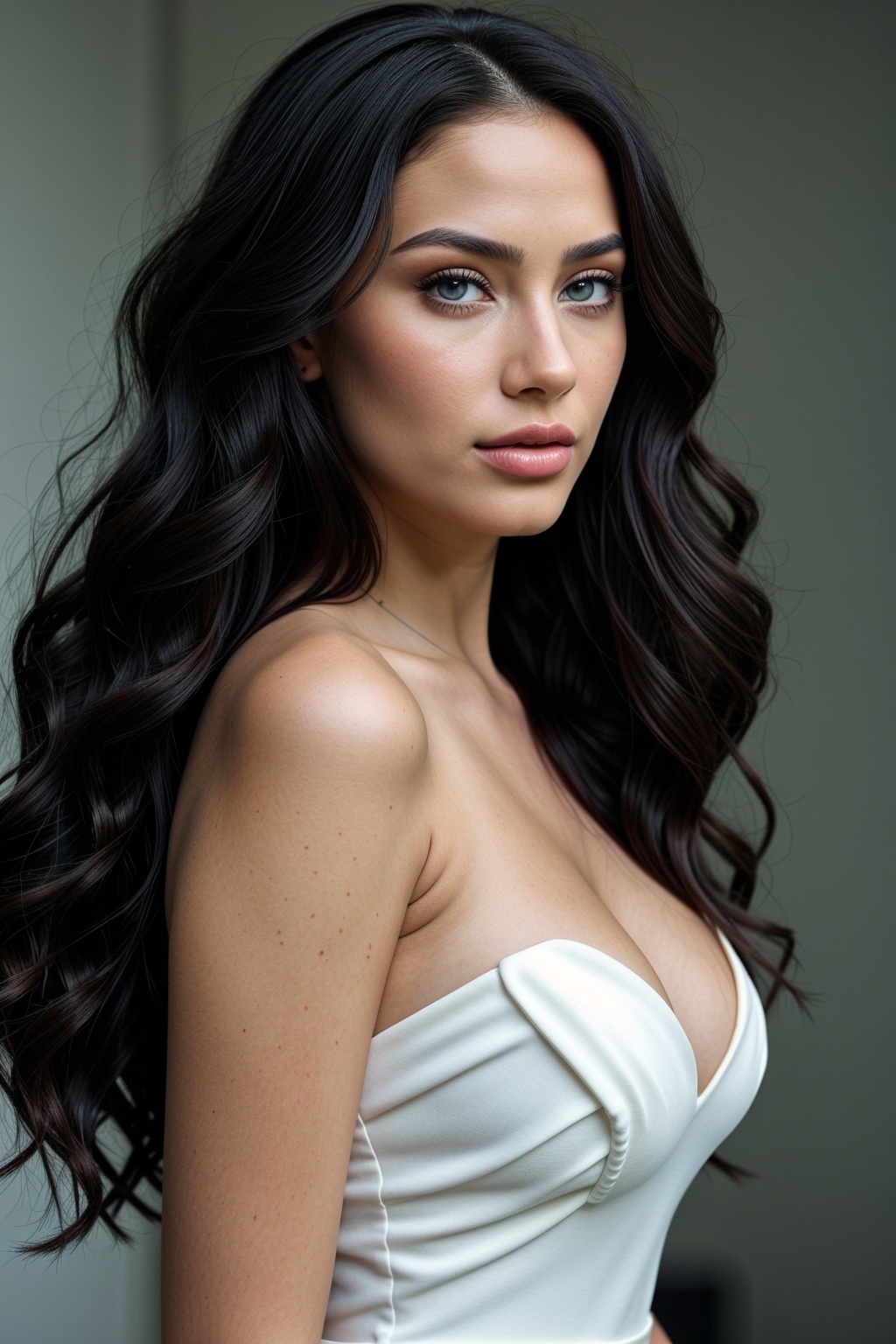 a pretty woman with gorgeous long curly black hair,  very long curly wair,  wearing a white dress on Tensor.Art