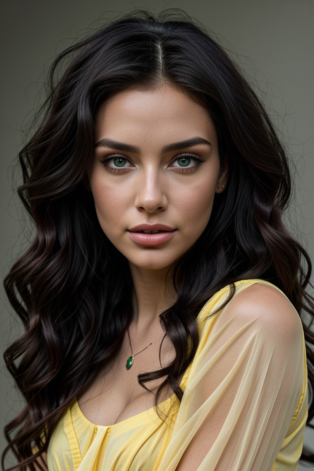 a pretty woman with gorgeous long curly black hair,  very long curly wair,  wearing a yellow dress on Tensor.Art
