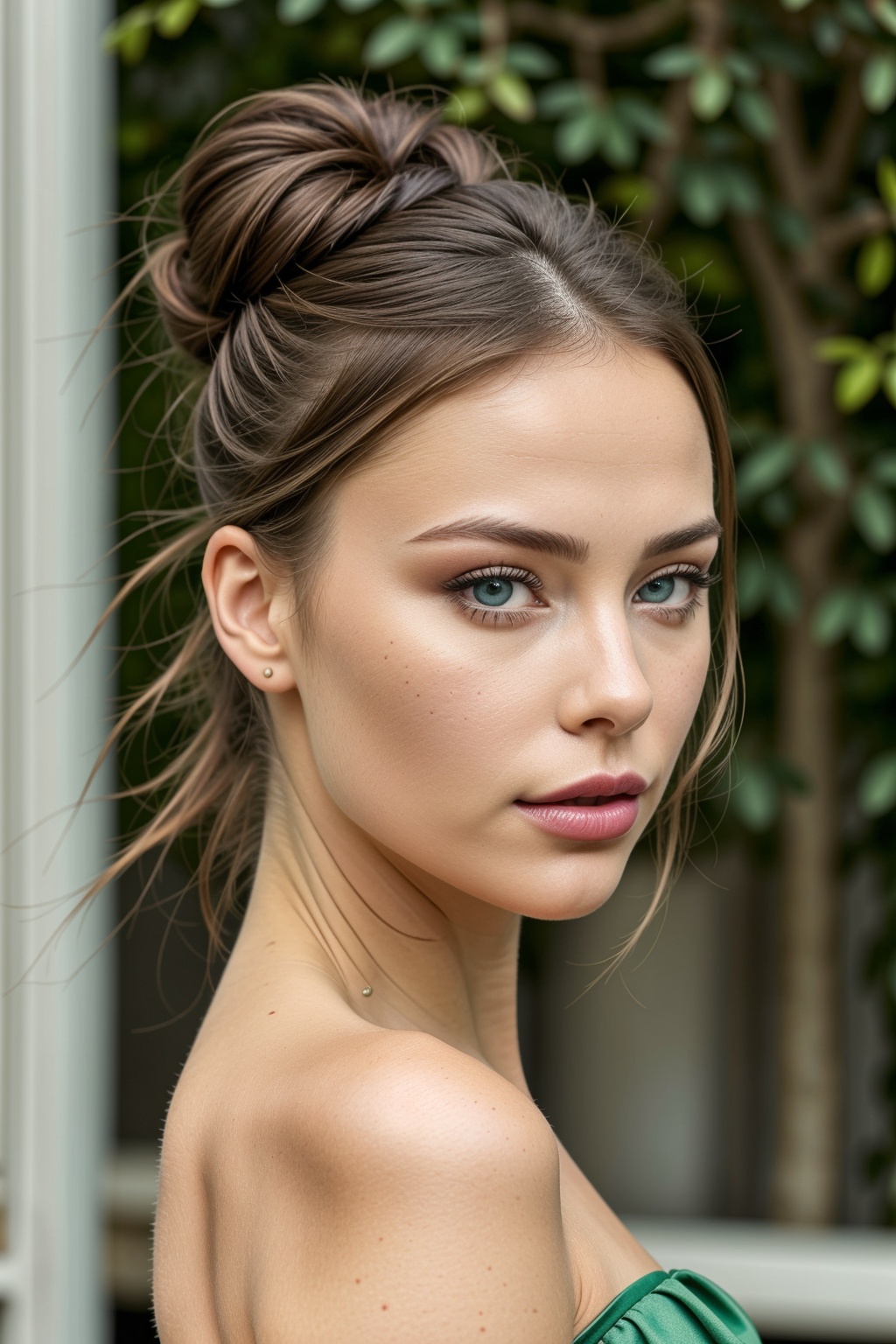 a pretty french woman with a fancy brunette bun hair,  wearing a green dress,  blue eyes on Tensor.Art