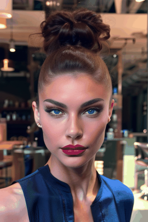 a pretty french woman with a fancy brunette bun hair,  gorgeous long brunette straight hair,  wearing a green dress on Ten...