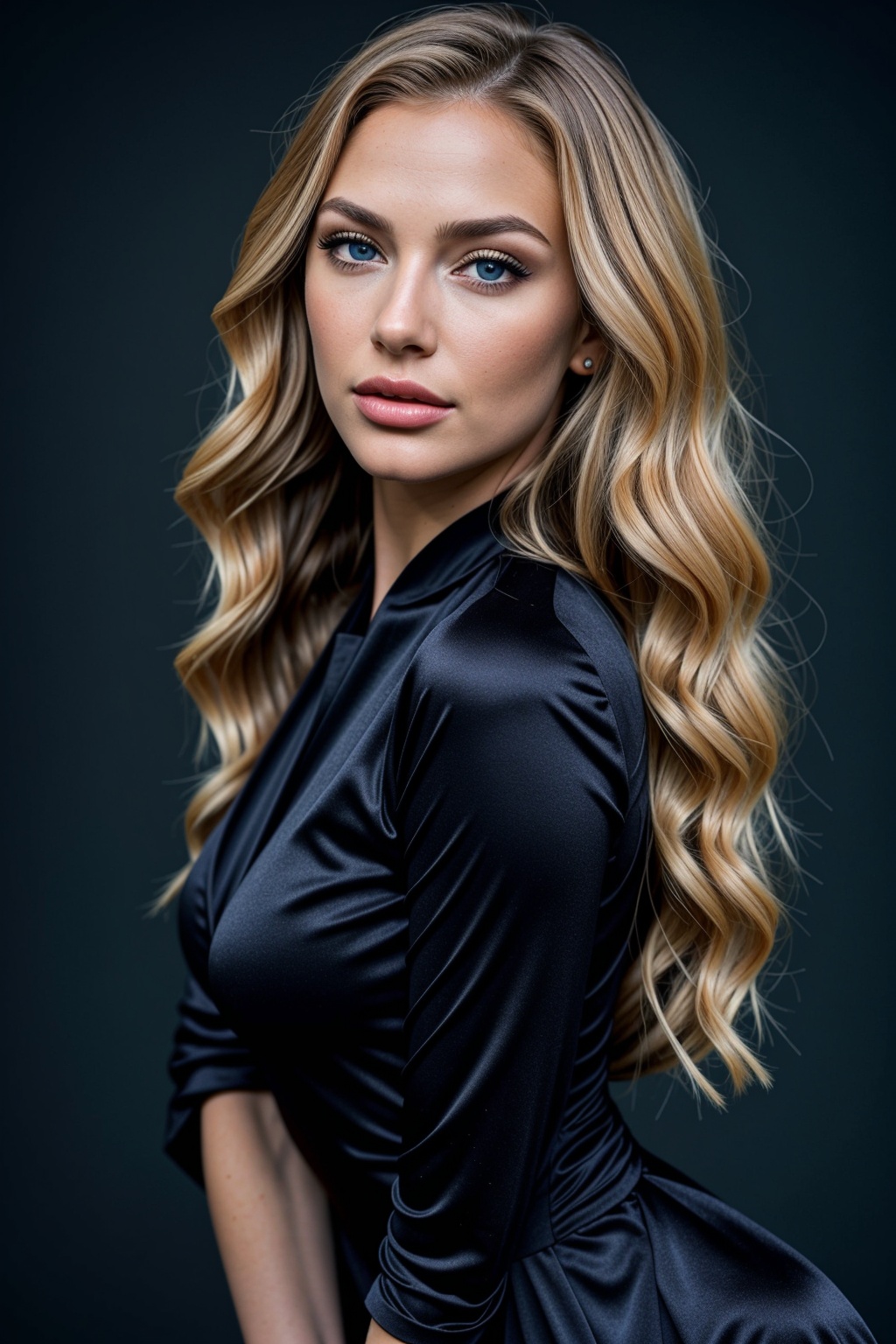 a pretty woman with gorgeous long curly blonde hair,  wearing a black dress,  blue eyes on Tensor.Art
