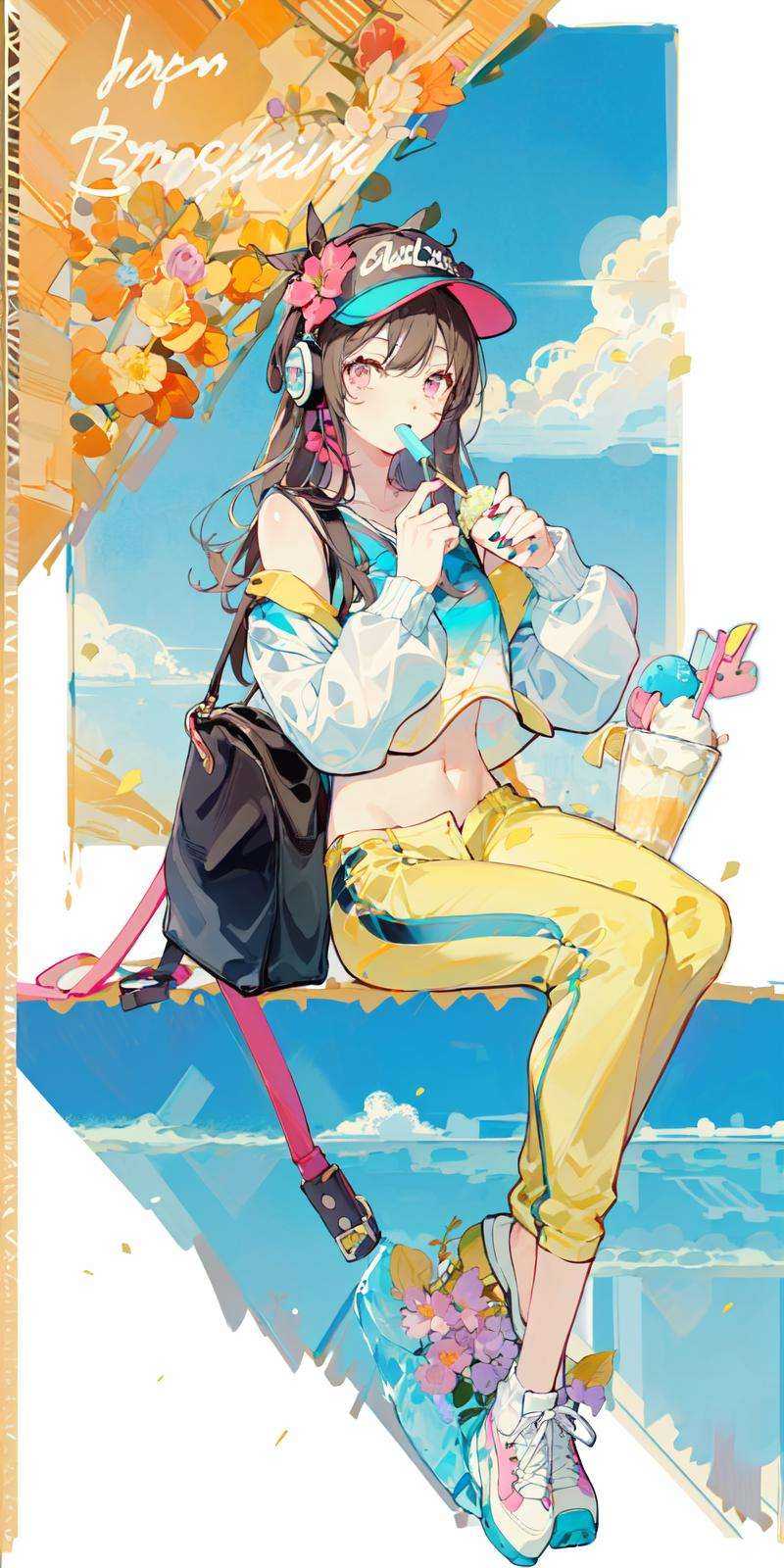 (masterpiece:1.2), best quality,PIXIV,Sweet girl ,1girl, chewing gum, solo, food, ice cream, long hair, pants, pink eyes, sitting, shoes, headphones, long sleeves, bag, bubble blowing, brown hair, crop top, sneakers, white footwear, midriff, looking at viewer, navel, full body, hat, bangs, holding, nail polish, clothing cutout, visor cap, ice cream cone, stuffed toy, aqua headwear, hood, bottle, english text, popsicle, invisible chair, shoulder cutout <lora:Sweet girl p_20231030174934-000018:0.8>