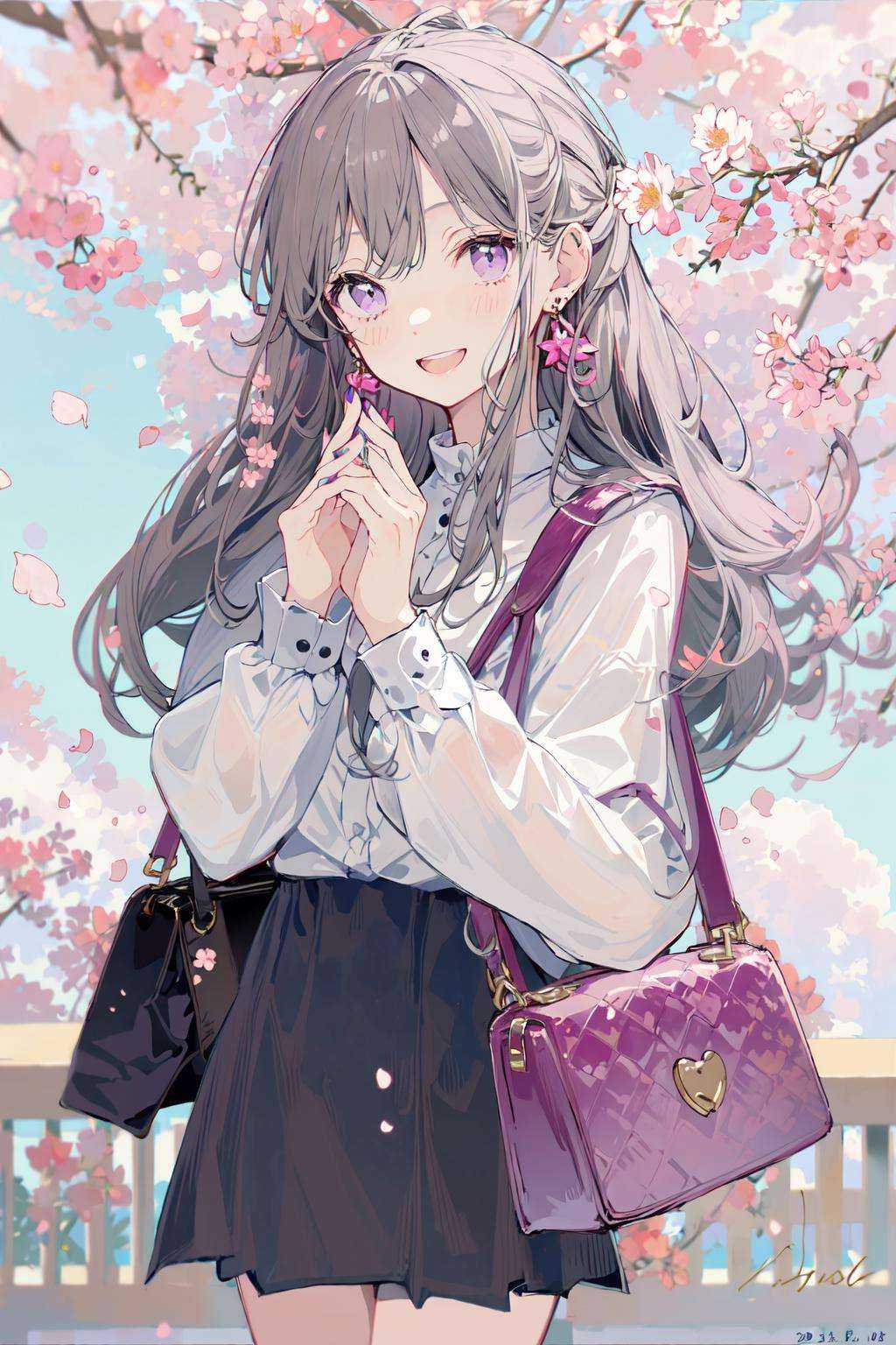 (masterpiece:1.2), best quality,PIXIV,Sweet girl ,1girl, solo, skirt, bag, long hair, jewelry, earrings, shirt, handbag, smile, long sleeves, cherry blossoms, petals, black shirt, open mouth, bangs, blush, looking at viewer, signature, grey hair, own hands together, hands up, grey skirt, english text, blurry, nail polish, shoulder bag, border, purple eyes, flower earrings <lora:Sweet girl p_20231030174934-000018:0.8>