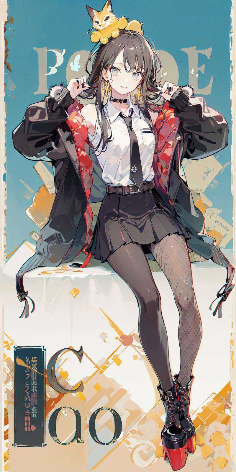 (masterpiece:1.2), best quality,PIXIV,Sweet girl ,1girl, fishnets, black hair, boots, long hair, black nails, skirt, shirt, solo, black footwear, bag, black skirt, jewelry, sitting, jacket, on head, black jacket, bangs, necktie, earrings, nail polish, white shirt, fishnet pantyhose, pantyhose, platform footwear, multicolored hair, looking at viewer, full body, bottle, own hands together, belt, jacket on shoulders, food, animal on head, black necktie, ring, choker, english text, collared shirt, grey eyes, platform boots, hat, cross-laced footwear, lace-up boots <lora:Sweet girl p_20231030174934-000018:0.8>