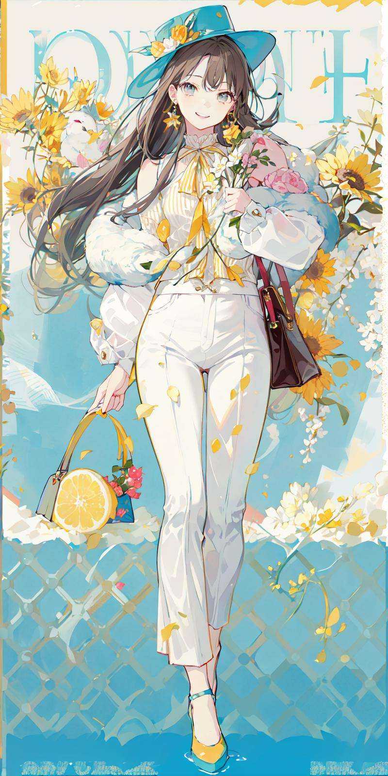 (masterpiece:1.2), best quality,PIXIV,Sweet girl ,1girl, flower, cup, hat, braid, brown hair, bag, high heels, food, jewelry, earrings, looking at viewer, smile, holding, long hair, solo, fruit, lemon, white pants, handbag, grey eyes, yellow footwear, skirt, bird, yellow flower, envelope, english text, full body, white flower, holding flower, shirt,standing,  <lora:Sweet girl p_20231030174934-000018:0.8>