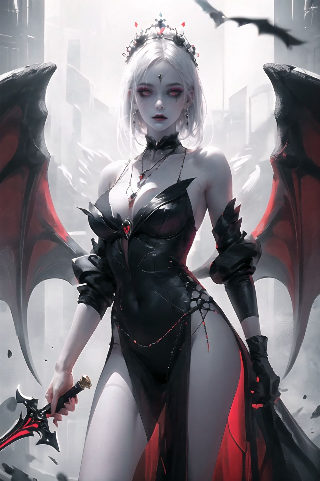 (masterpiece, best quality),wings, sword, weapon, jewelry, solo, red eyes, crown, white hair, long hair, necklace, pale skin, colored skin, 1girl, bare shoulders, black wings, holding weapon, holding sword, multiple wings, holding, demon wings, lipstick, looking at viewer, makeup,