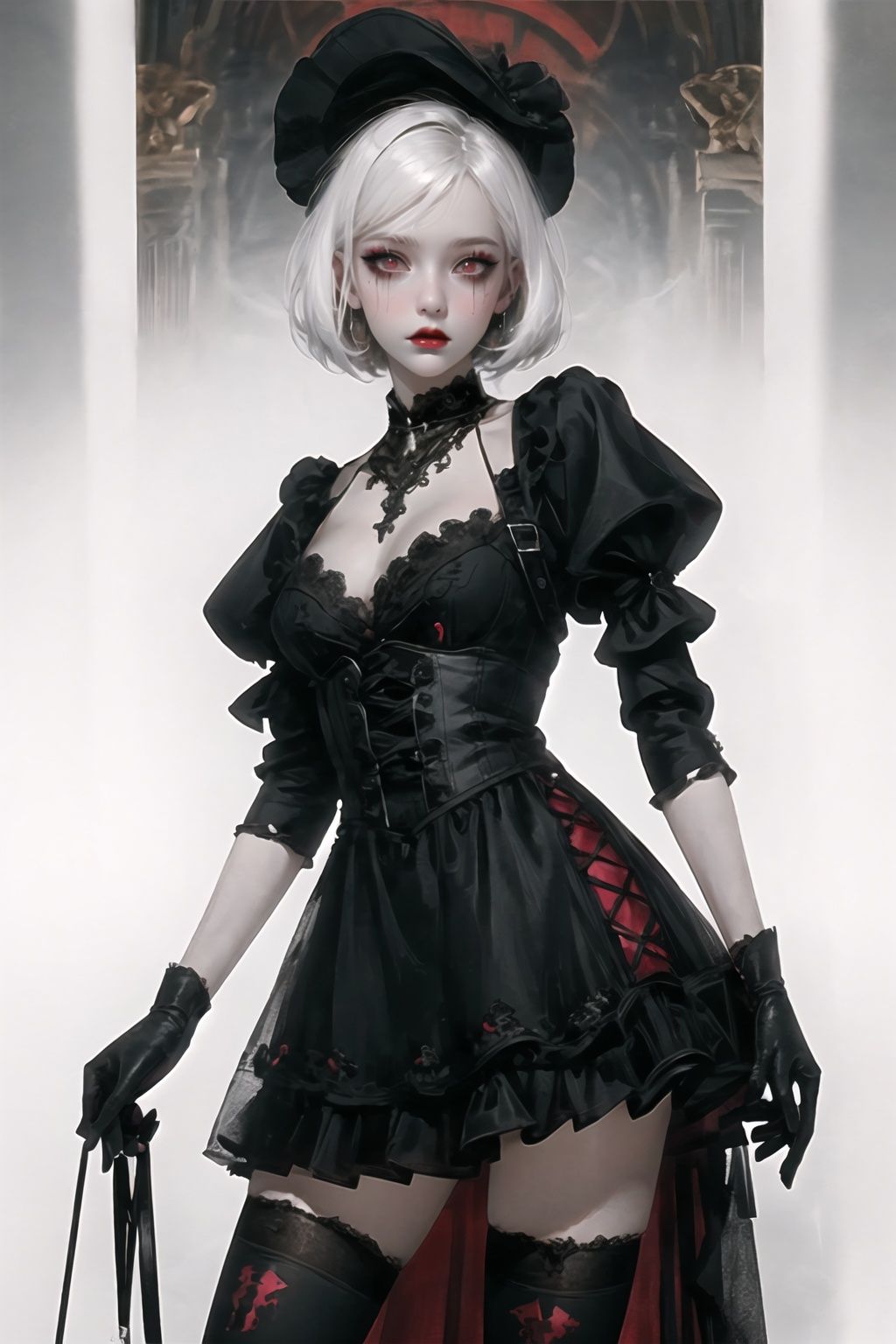 (masterpiece, best quality),horror (theme),1girl, gloves, dress, solo, white hair, black dress, lolita fashion, short hair, gothic lolita, black gloves, thighhighs, looking at viewer, red eyes, red lips, red background, bangs, standing, makeup, frills, lipstick, black thighhighs,