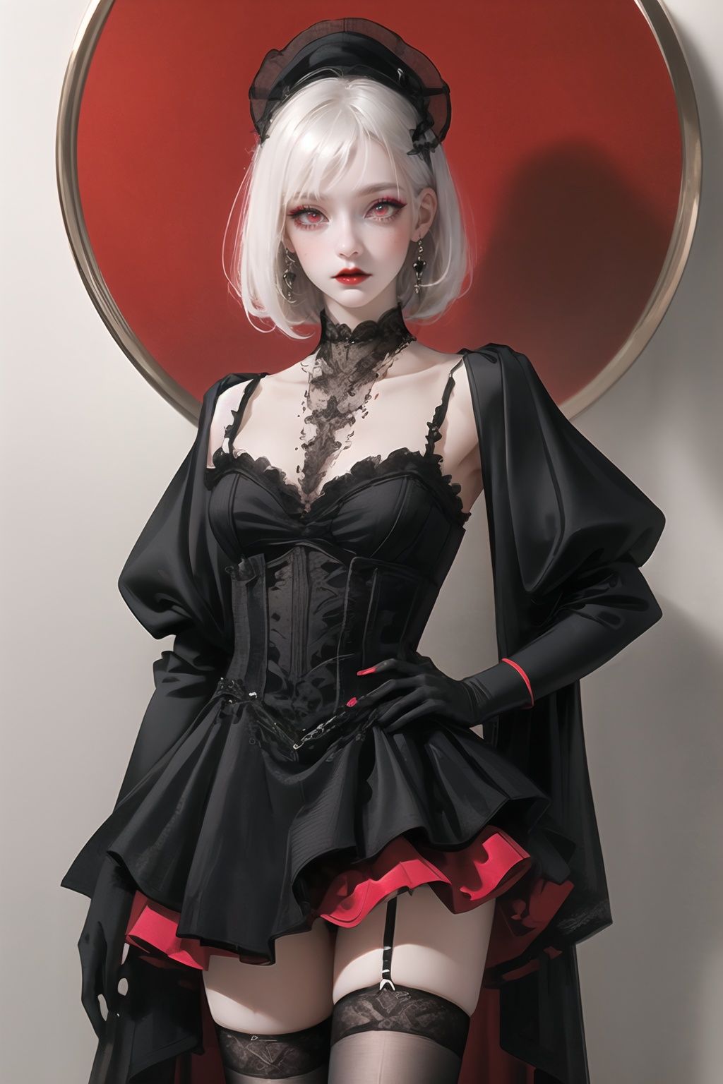(masterpiece, best quality),1girl, gloves, dress, solo, white hair, black dress, lolita fashion, short hair, gothic lolita, black gloves, thighhighs, looking at viewer, red eyes, red lips, red background, bangs, standing, makeup, frills, lipstick, black thighhighs,