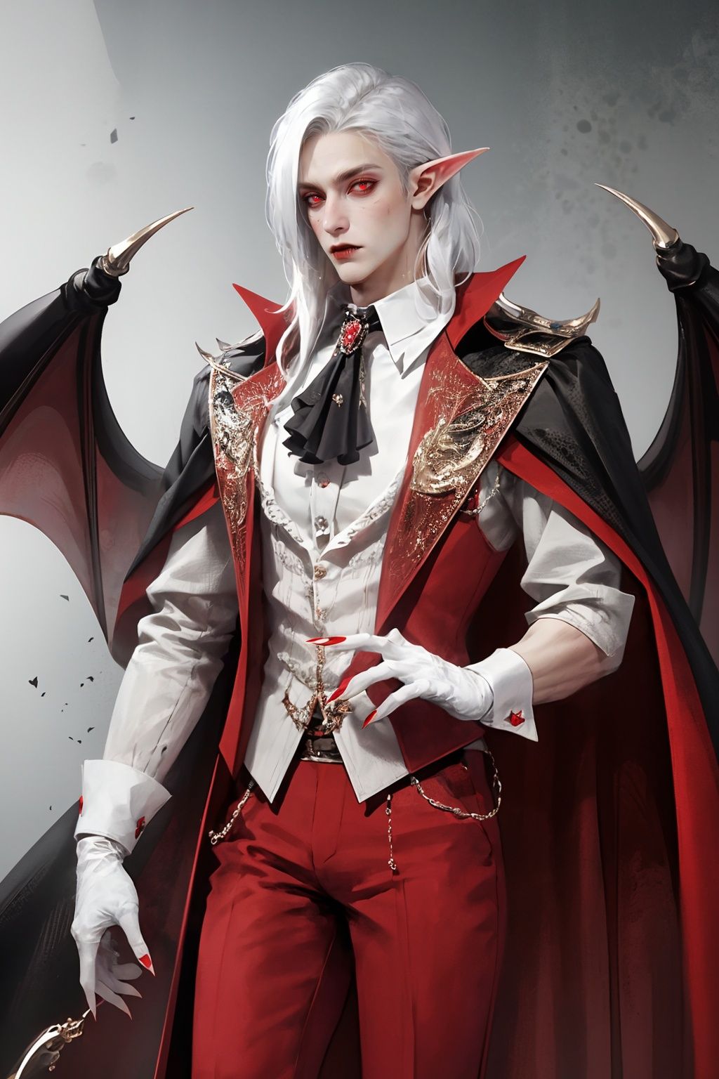 (masterpiece, best quality),1boy,vampire,male focus,red eyes,solo,pointy ears,white gloves,ascot,fingernails,gloves,white hair,sharp fingernails,cape,white ascot,long hair,long fingernails,looking at viewer,