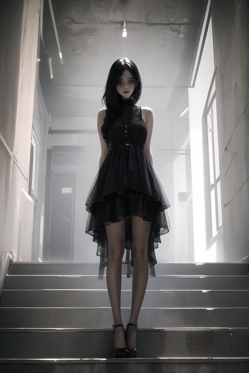 (masterpiece, best quality),1girl, stairs, long hair, dress, black hair, red dress, standing, solo, horror (theme), arms at sides