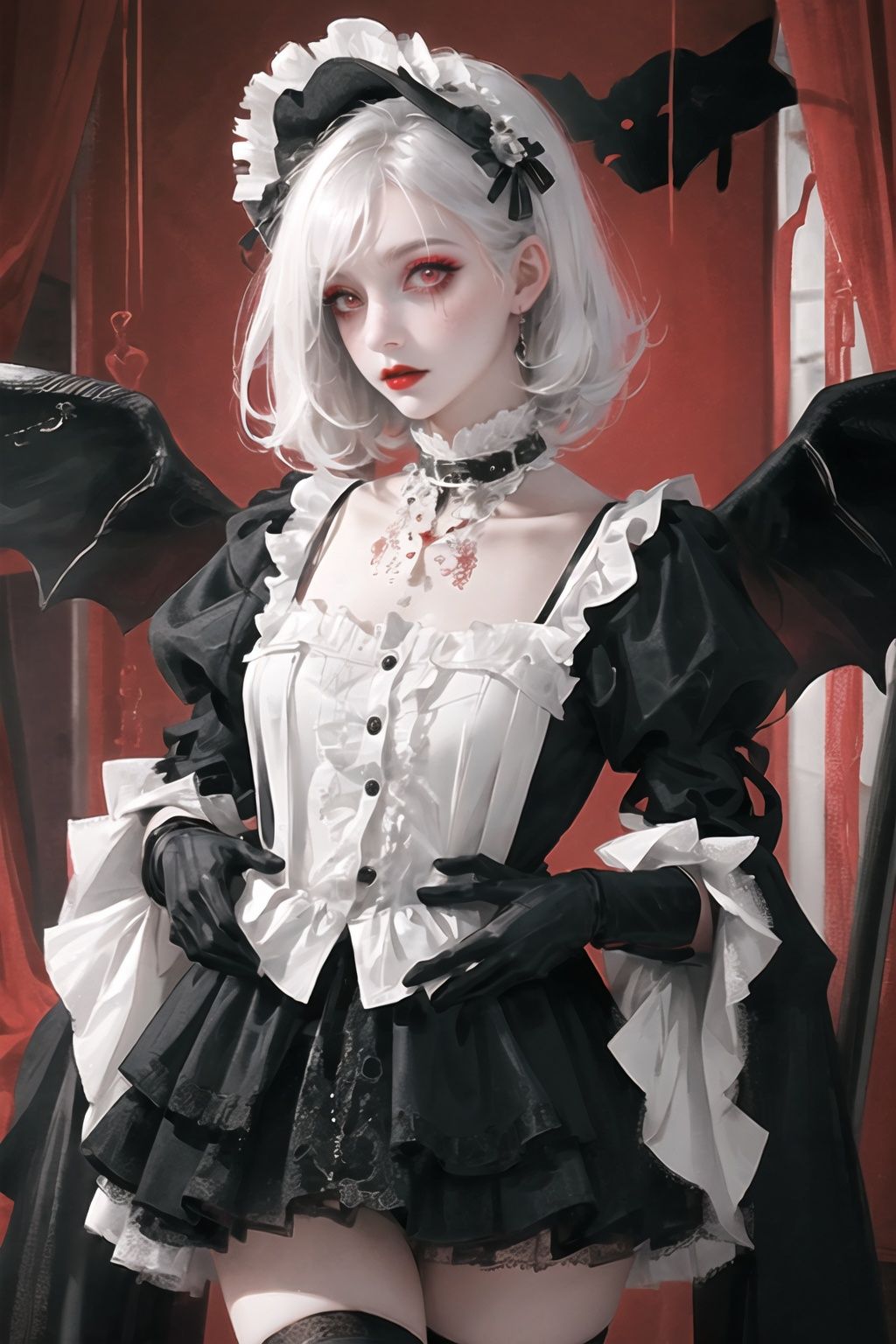(masterpiece, best quality),horror (theme),1girl,gloves,dress,solo,white hair,black dress,lolita fashion,short hair,gothic lolita,black gloves,thighhighs,looking at viewer,red eyes,red lips,red background,bangs,standing,makeup,frills,lipstick,black thighhighs,