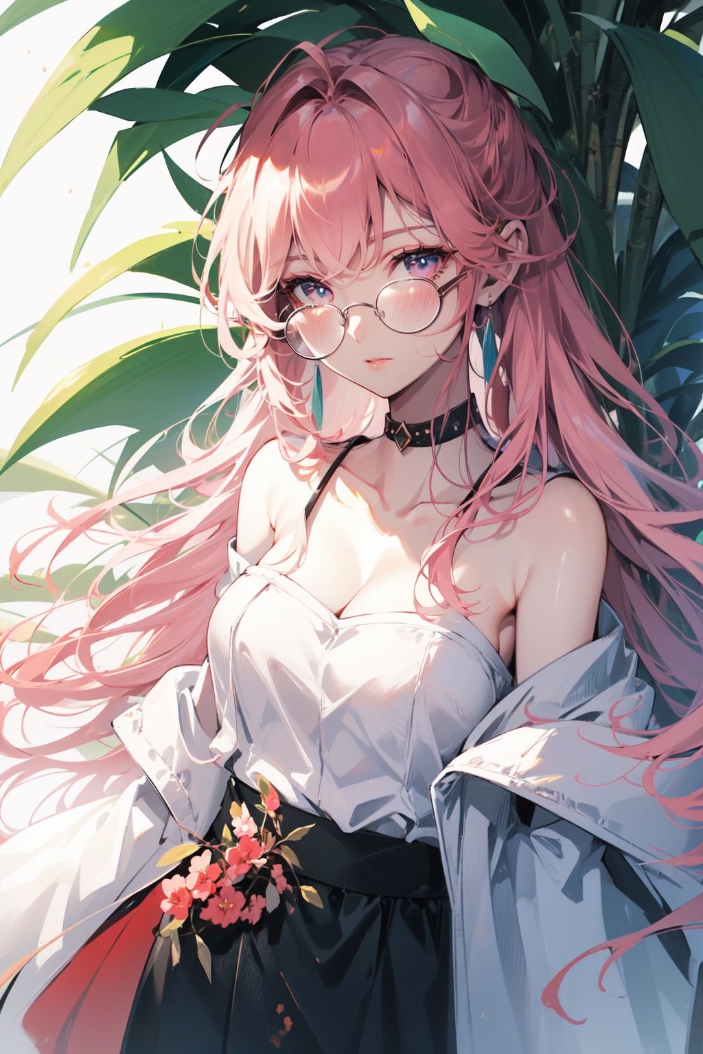 ((best quality)),(masterpiece:1.1),HD,high quality,8k,earrings,palm_tree,1girl,solo,jewelry,long_hair,off_shoulder,long_sleeves,white_jacket,pink_hair,collarbone,round_eyewear,plant,jacket,<lora:落樱琉璃:0.8>,