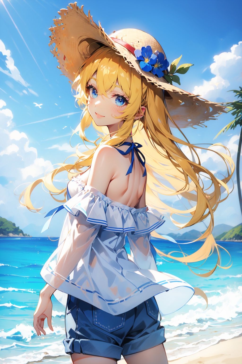 rococo style, soft lighting, (dramatic angle:1.25),(solo:1.4), (1girl),((blonde hair), long curly hair), blue eyes, (smile), closed mouth, beach straw hat, (off-shoulder shirt), shorts, hat flower ,(looking to the side:1.3), fantastic colorful, sea ,coconut tree, blue sky, cloud,(beach:1.3) ,(masterpiece:1.2),ultra-detailed,(best quality), illustration, (Depth of field),<lora:落樱琉璃:0.8>,