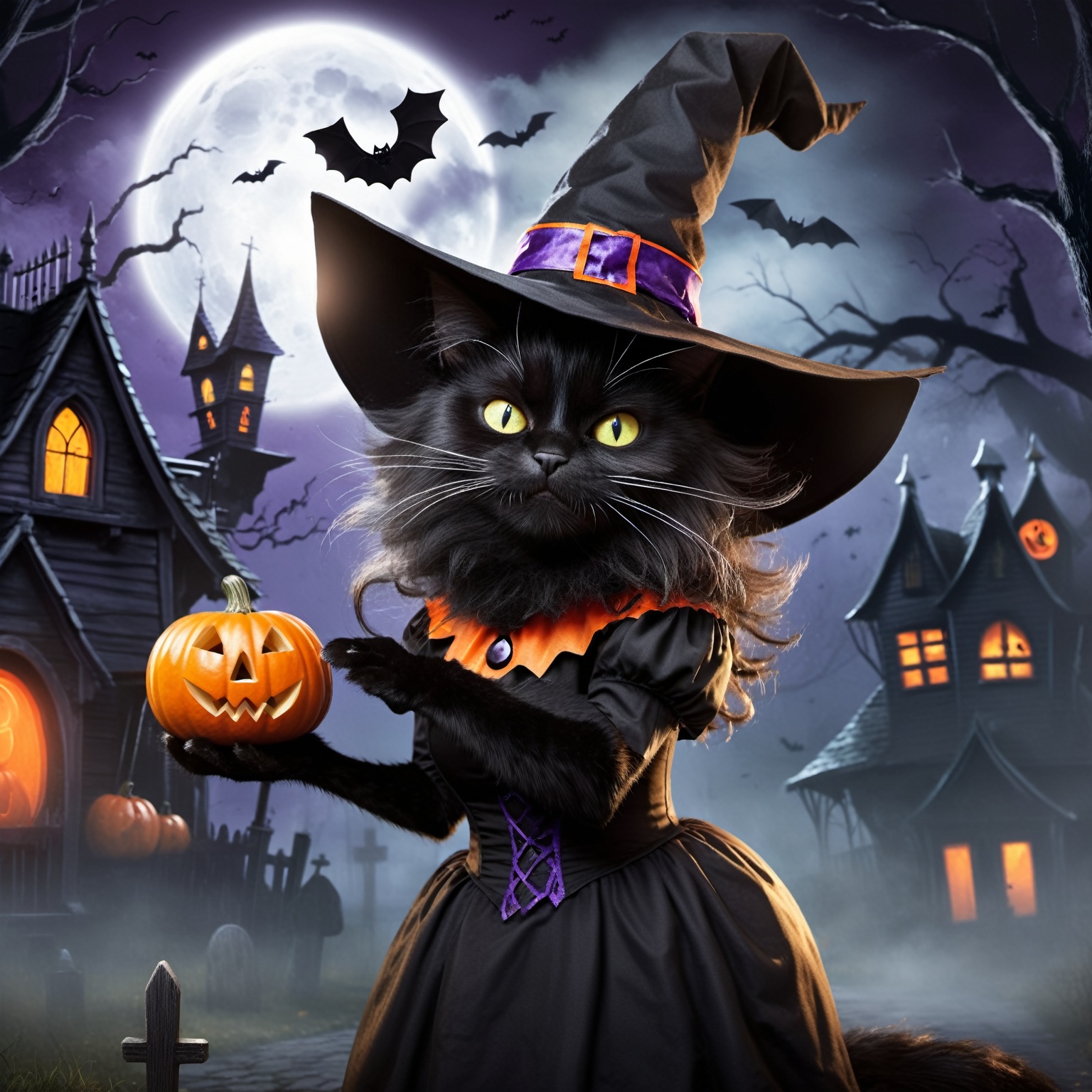 detailed background,  a moonlit Halloween night with an enchanting atmosphere,  a black cat dressed as a witch by Shopon_s...