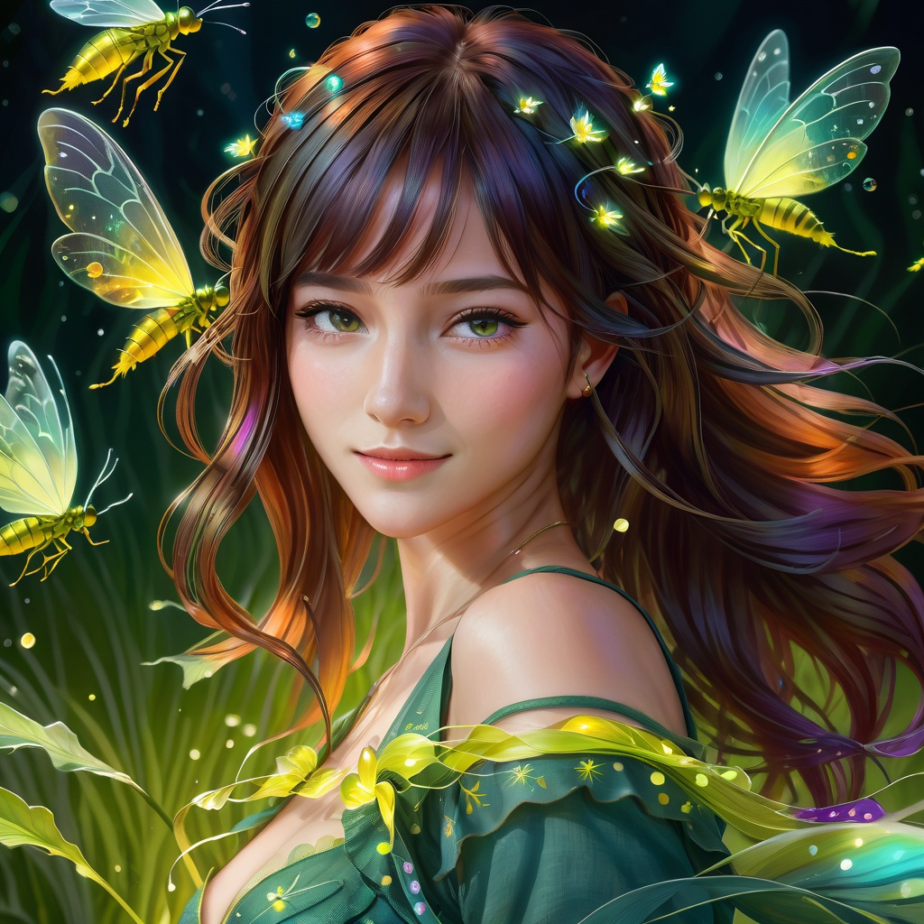 happy,colourful,fantasy magical,complex hair detail,happy,texture on clothings,fireflies,1girl,