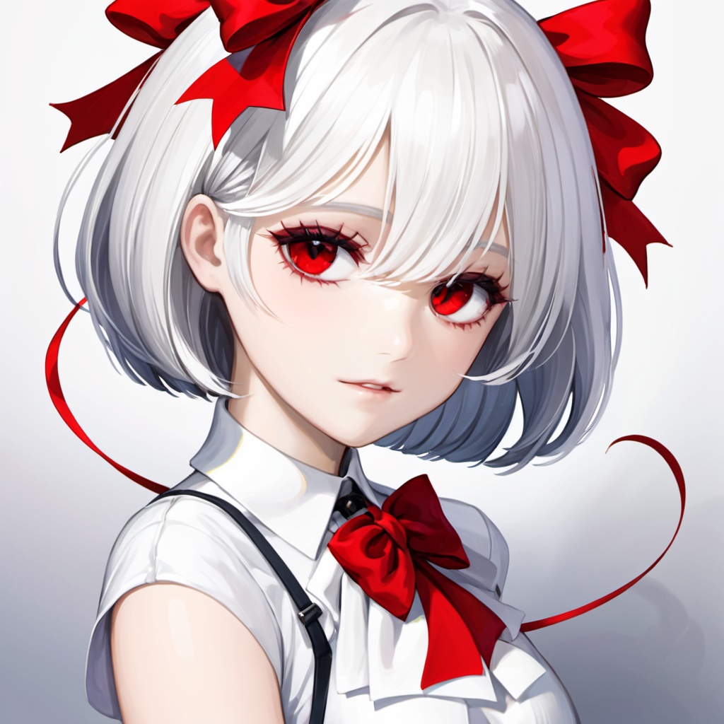 1girl,white hair,short hair, red eyes,bow, single 