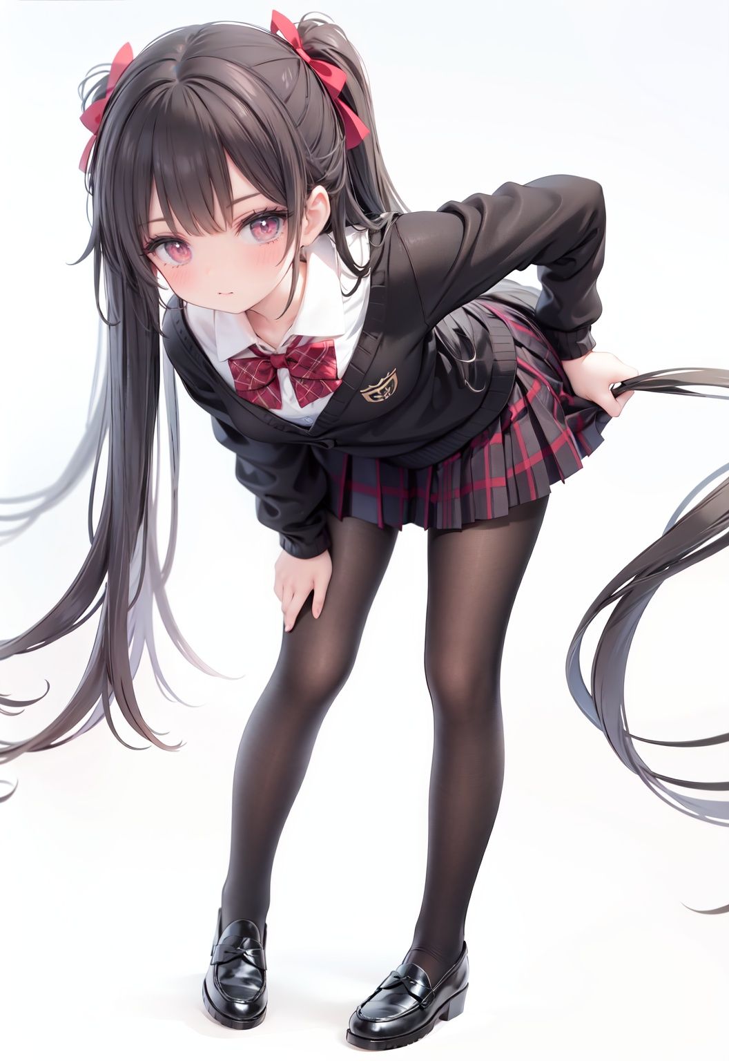  1girl, solo, pantyhose, skirt, long hair, loafers, shoes, simple background, school uniform, brown eyes, plaid, black pantyhose, plaid skirt, looking at viewer, black hair, pantyhose pull, full body, clothes pull, black footwear, pleated skirt, leaning forward, bangs, long sleeves, bent over, cardigan, bow, bowtie, standing, closed mouth, pulled by self, grey background, blush, miniskirt, red bow, sweater, **********