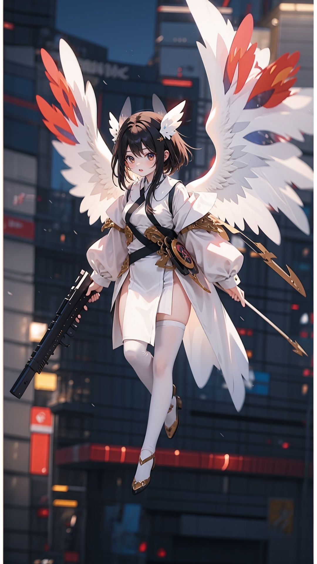  1girl,solo,holding,full body,weapon,holding_weapon,gun,wings,flying,cinematic lighting,strong contrast,high level of detail,Best quality,masterpiece, cutegui