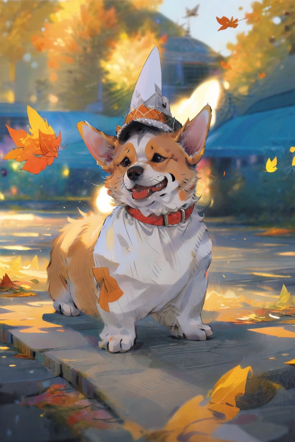  (masterpiece:1.2), best quality,PIXIV, corgi style by snatti,no humans, dog, autumn, blurry, leaf, autumn leaves, animal focus, animal, blurry background, shiba inu, outdoors, collar, depth of field, cutegui, (White headwear)