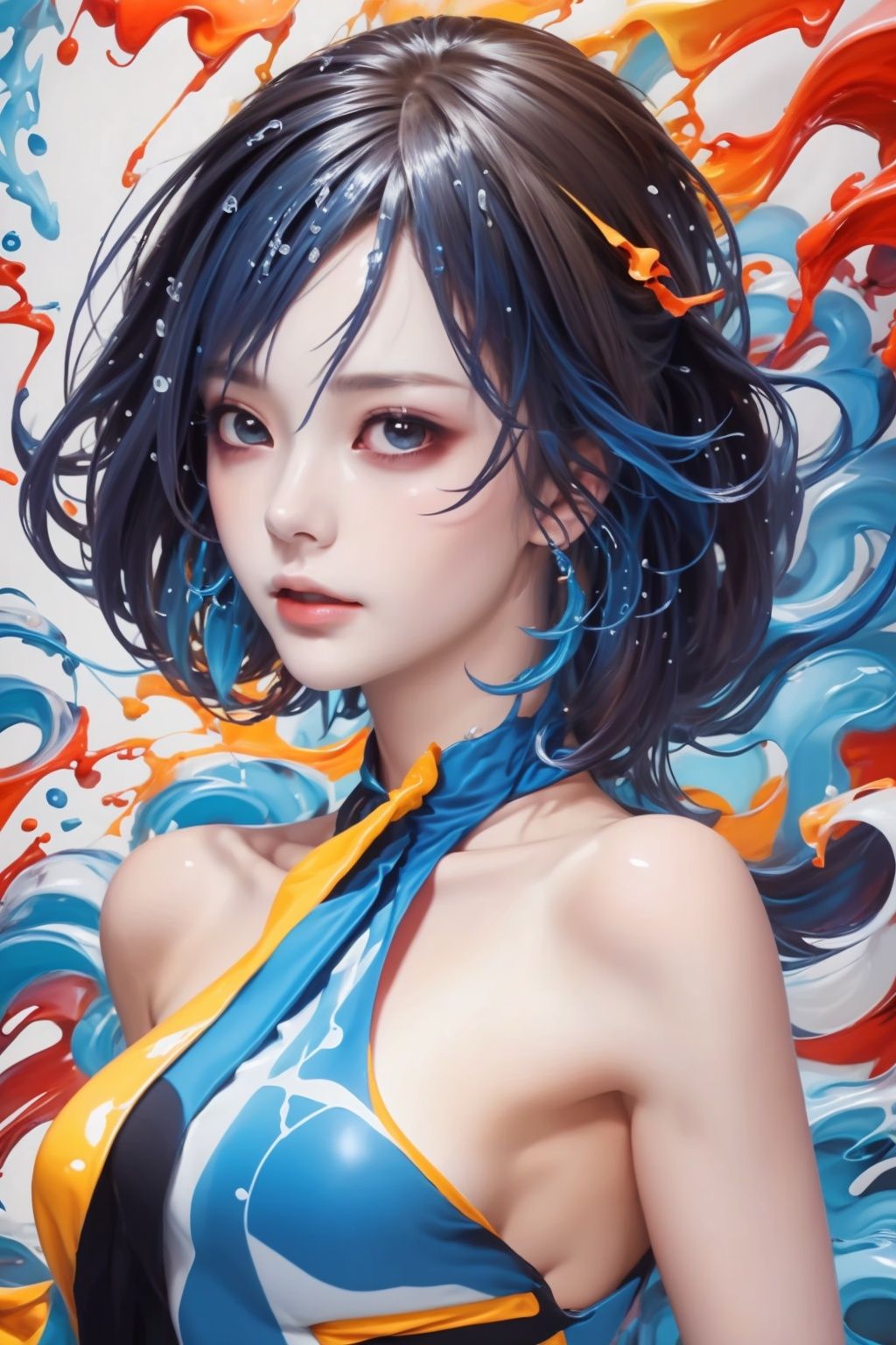  Best quality, 8k, cg,1girl,Graffiti,Dazzling colors,Ultra-High,Hyperdetail,Bare shoulder,water