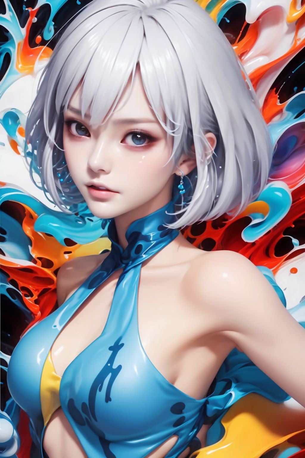  Best quality, 8k, cg,1girl,Graffiti,Dazzling colors,Ultra-High,Hyperdetail,Bare shoulder,water,White short hair
