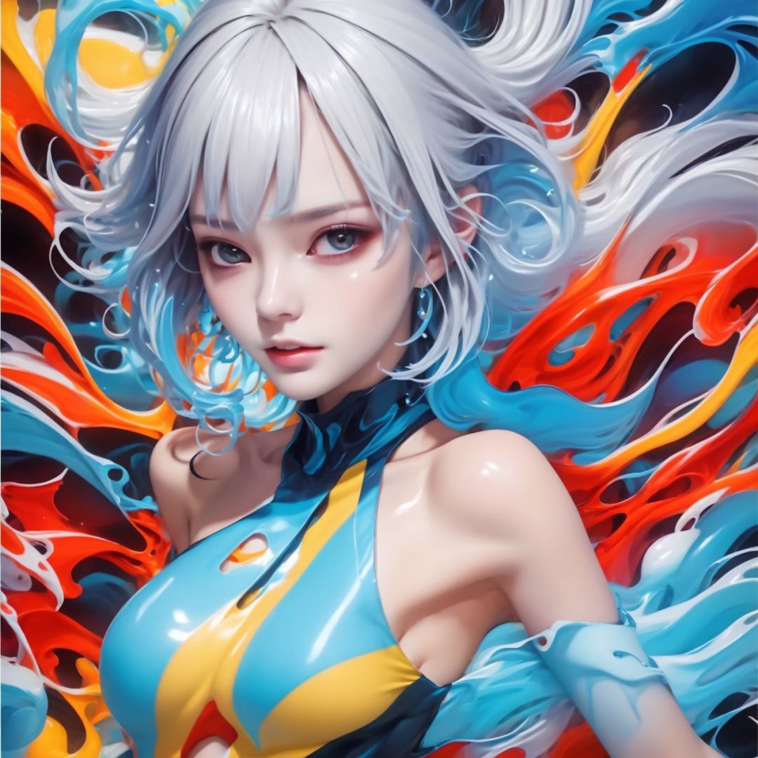  Best quality, 8k, cg,1girl,Graffiti,Dazzling colors,Ultra-High,Hyperdetail,Bare shoulder,water,White short hair