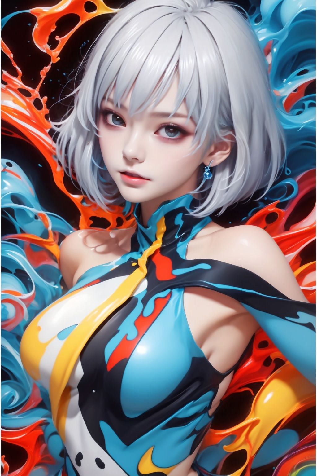  Best quality, 8k, cg,1girl,Graffiti,Dazzling colors,Ultra-High,Hyperdetail,Bare shoulder,water,White short hair