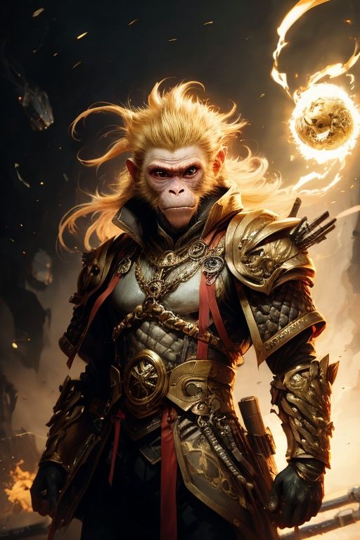 absurdres,1boy,solo,*****,incredibly absurdres,reality,full_shot,<lora:monkey:0.8>,monkey,armor,(golden hair:1.6),