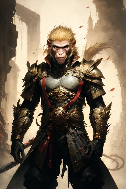 absurdres,1boy,solo,*****,incredibly absurdres,reality,full_shot,<lora:monkey:0.8>,monkey,armor,(golden hair:1.6),