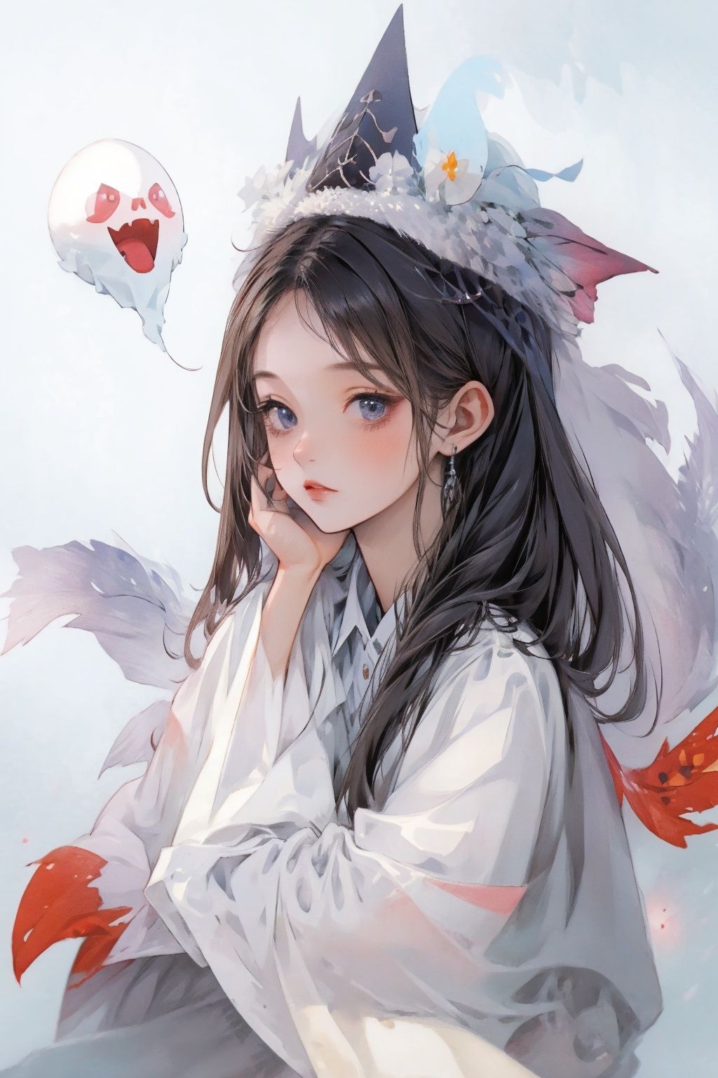  ((best quality)), ((masterpiece)), 1girl, upper body, simple background, cutegui, ghost,