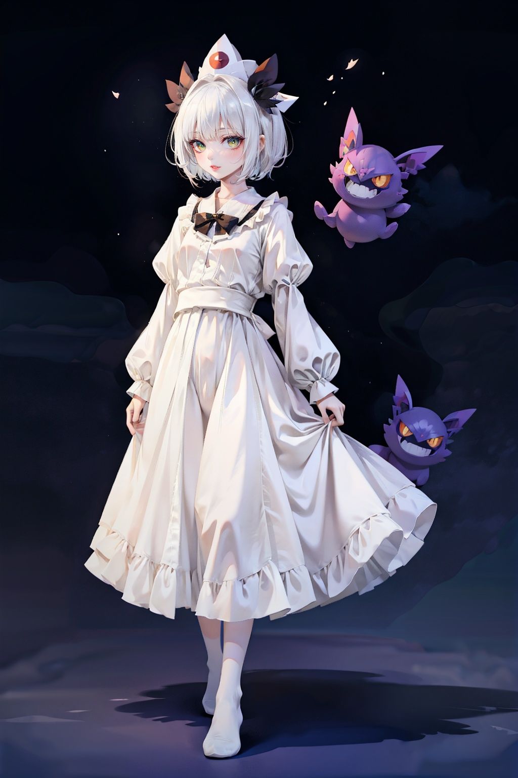  High quality, game CG, wallpaper,1girl, best quality, Wearing a white dress, walking without sound, standing on tiptoe, will lower the head, because they do not have a chin, if it is a female ghost, head developed waist fluffy in the face, white eyes, eyes are very small, love to look at people, with a strange smile, facial white, she is hungry, will eat the eyes, the skin, NYDarkHalloween, cutegui, gengar