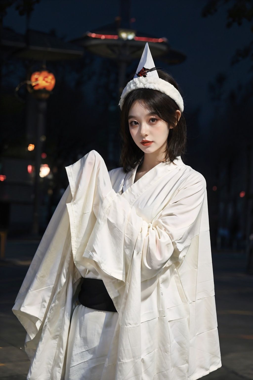  Halloween carnival night, ((best quality)),((masterpiece)), 8K, 20-year-old girl, ((upper body)),looking_at_viewer,ghost,cutegui kimono,white kimono,standing,Cover your hands with sleeves,Triangle headwear, cutegui, black eyes, yan