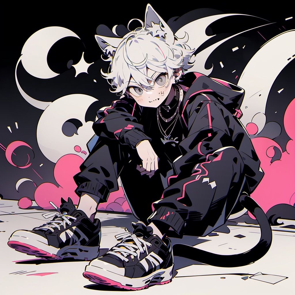 Larme Kei, 1boy, cat, animal ears, white hair, male focus, sitting, black footwear, jacket, black cat, pants, shoes, jewelry, looking at viewer, necklace, short hair, animal, solo, grey eyes, collar, sneakers, black pants, black shirt, long sleeves