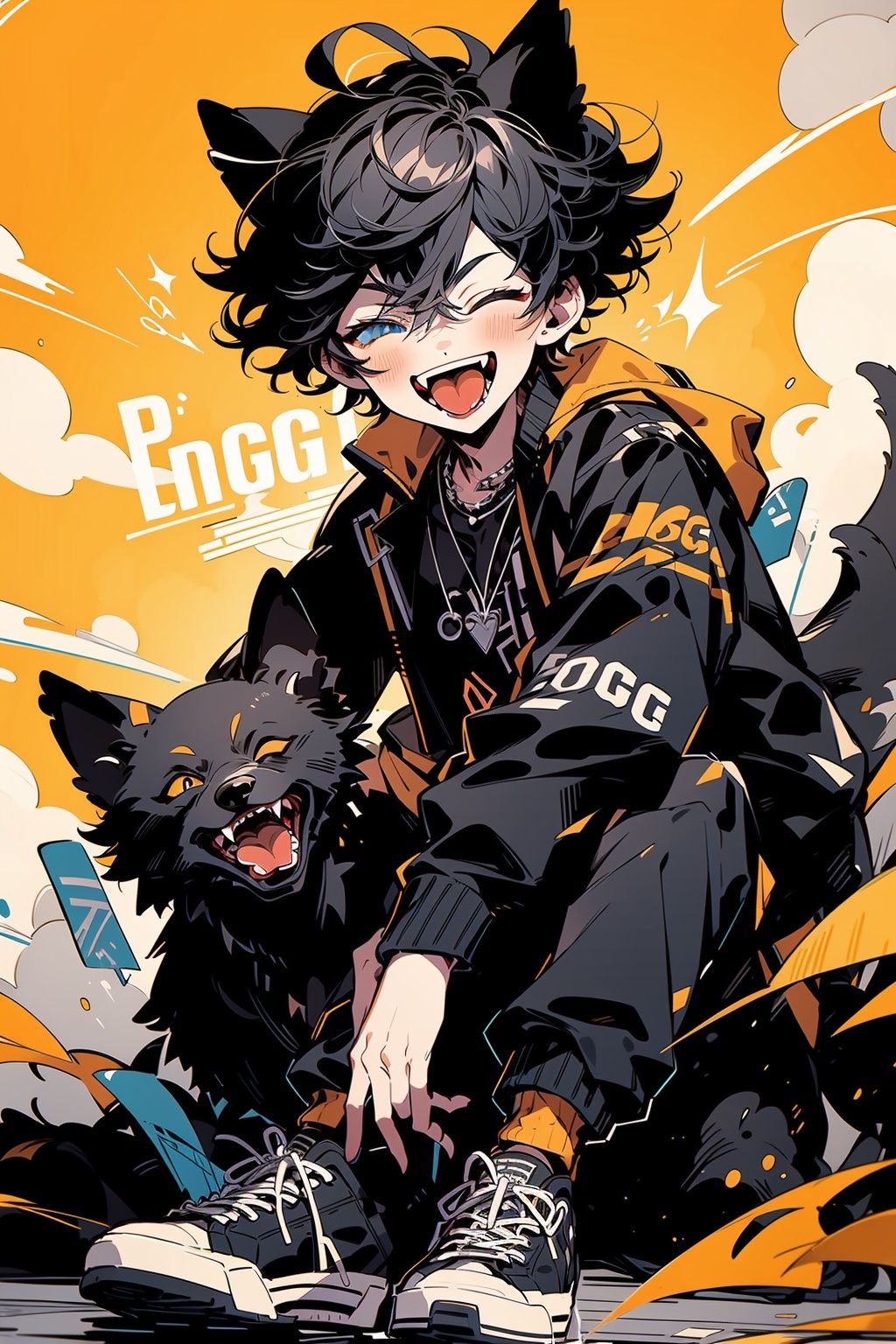 Larme Kei, 1boy, one eye closed, black hair, male focus, jacket, blue eyes, animal ears, open mouth, black jacket, smile, dog, shirt, looking at viewer, tongue, pants, wolf, long sleeves, dog ears, sitting, short hair, teeth, solo, necklace