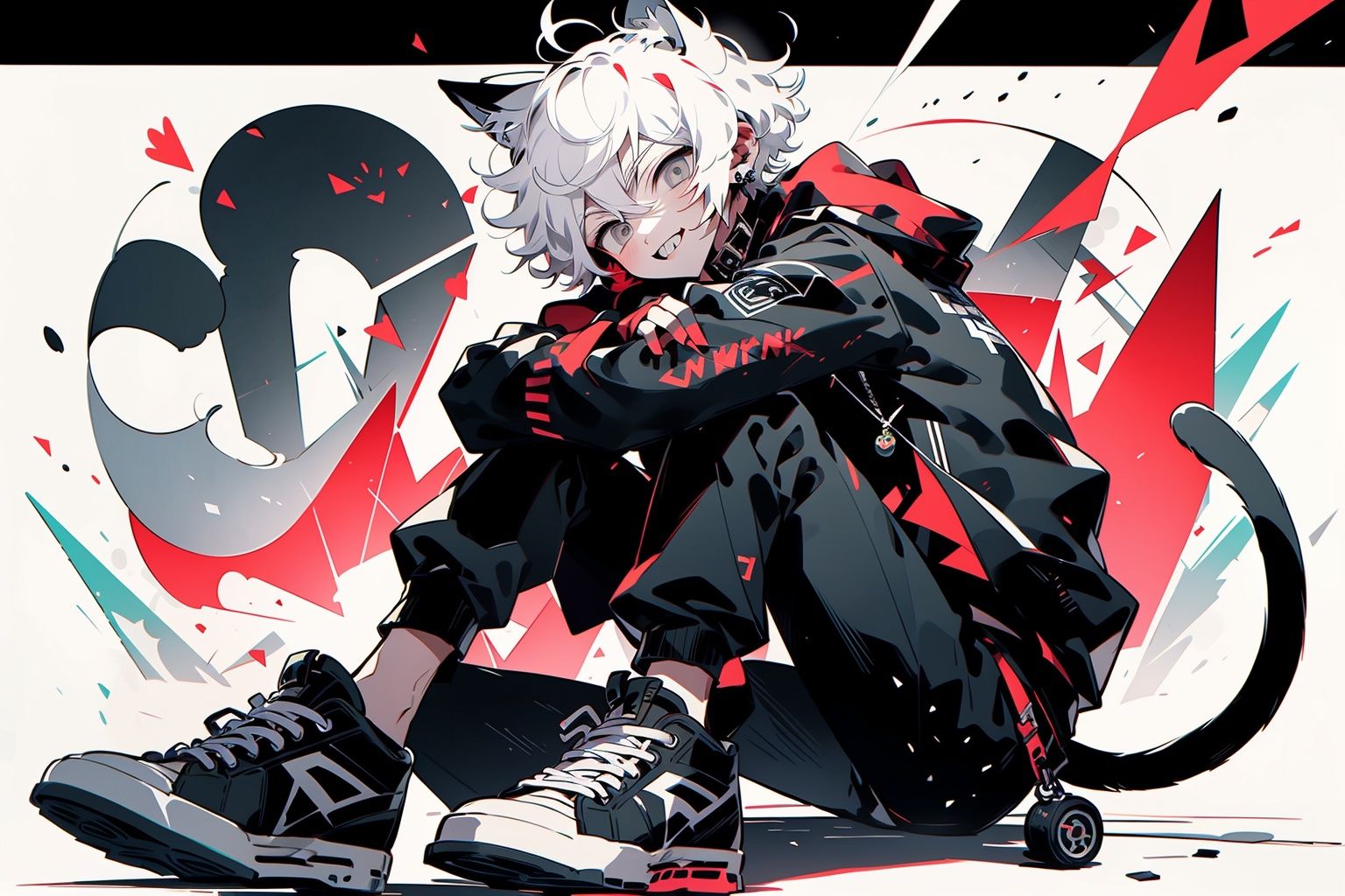 Larme Kei, 1boy, cat, animal ears, white hair, male focus, sitting, black footwear, jacket, black cat, pants, shoes, jewelry, looking at viewer, necklace, short hair, animal, solo, grey eyes, collar, sneakers, black pants, black shirt, long sleeves