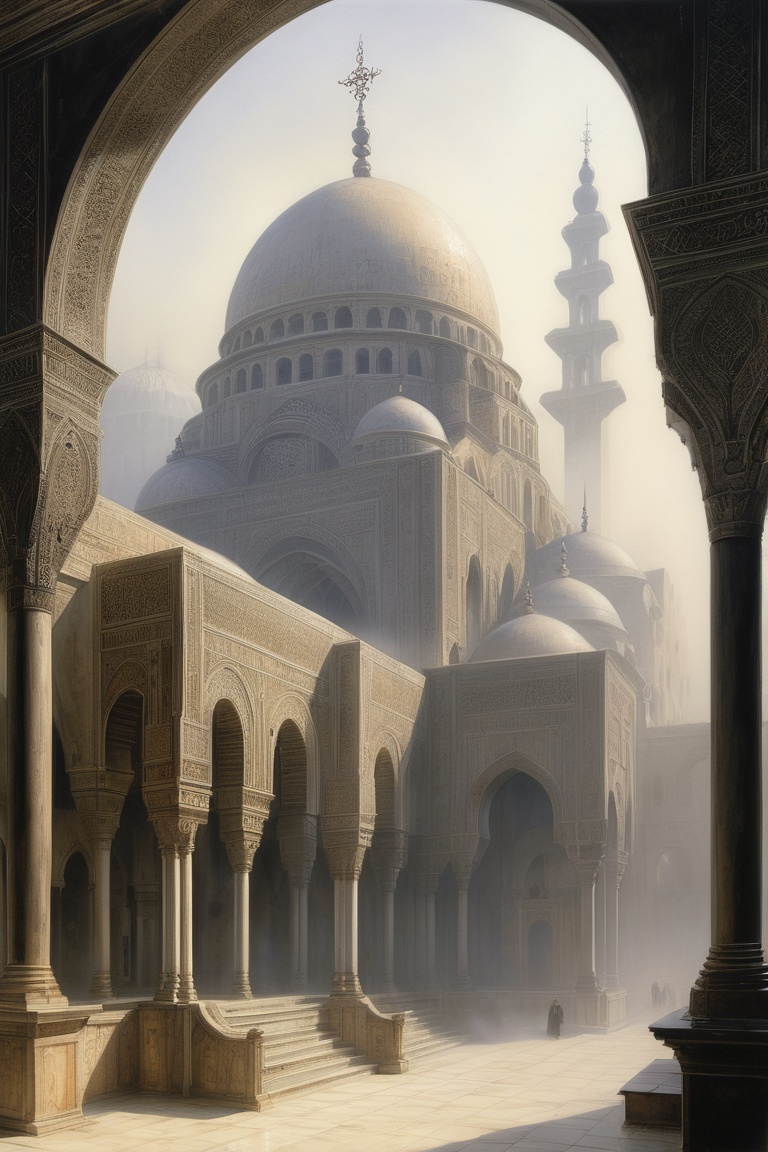 detailed,  art by H. R. (Hans Ruedi) Giger,  landscape of a Foggy Mosque-Cathedral of Córdoba from inside of a Hospital on...