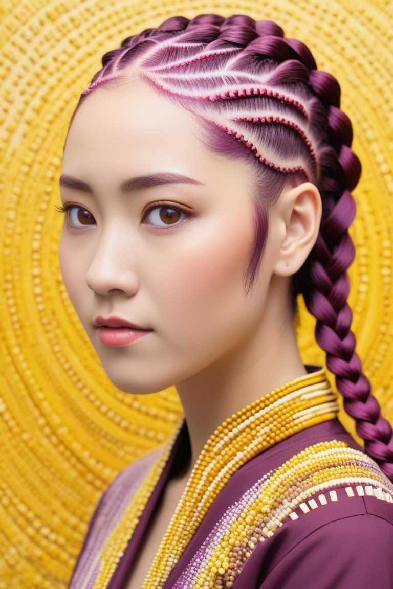 complementary colors,  Award-Winning Woman as a Writer,  Plum and Mustard hair styled as Cornrows on Tensor.Art