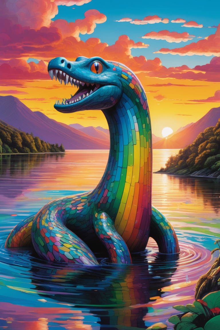 detailed,  Mythical Loch Ness Monster,  at Sunset on Tensor.Art