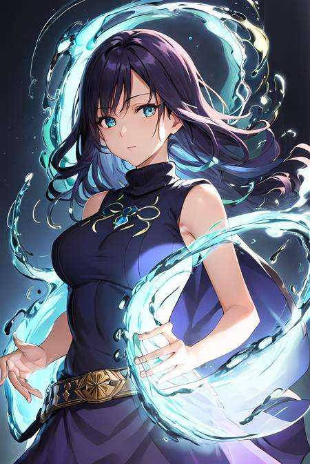 (masterpiece:1.2, best quality), (cursed energy:1,0), (finely detailed beautiful eyes: 1.2),1girl, (extremely detailed CG unity 8k wallpaper, masterpiece, best quality, ultra-detailed, best shadow), (detailed background), (beautiful detailed face, beautiful detailed eyes),(blue aura:0.75), blue sparks,flowing magic,sexy woman,  1girl ,  short green hair, turtleneck, dark purple full body skirt, sleeveless, woman focus, looking at viewer,High contrast, (best illumination, an extremely delicate and beautiful),(simple backround),  dark blue aura,full body, cowboy shot, ((perfect hands))