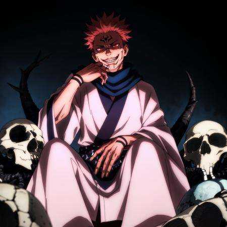 masterpiece,high quality,solo,<lora:RyomenSukuna001:0.7>,RyomenSukuna,1man,blue scarf,japanese clothes,white kimono,wide sleeves,long sleeves,obi,tabi,zouri,shaded face,evil grin,animal skull,skull,sitting,hand on own face,glowing eyes,