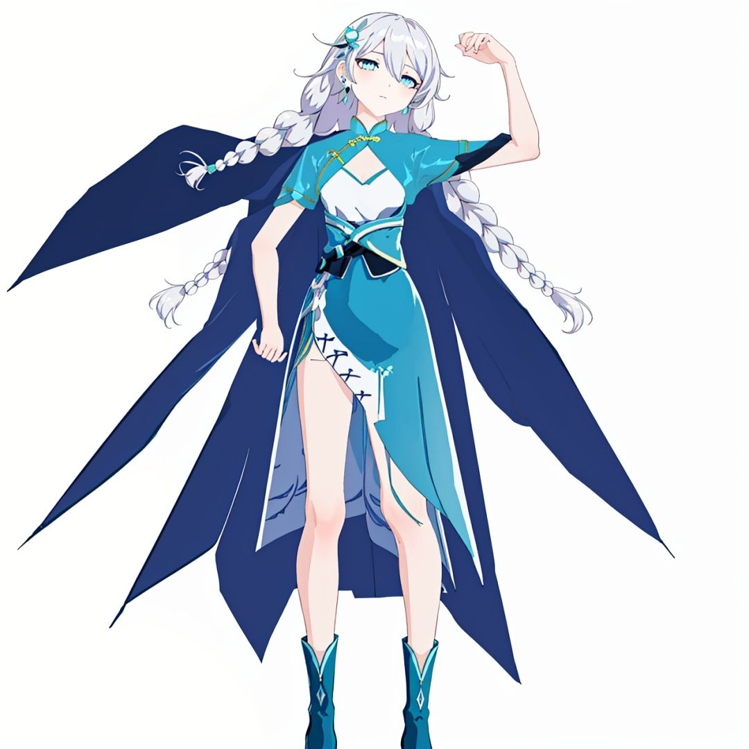 (masterpiece:1.3), (the best quality:1.2), (super fine illustrations:1.2), (Masterpiece), high quality, high detail,((white background:1.2)), looking at viewer, (SOLO:1.4),outline,,simple background,qua, blue footwear, blue cape, high heels, bangs, hair ornament, jewelry, hair between eyes, earrings,chinese clothes,blue dress,thighhighs, white cuish, blue eyes, long white hair, twin braids