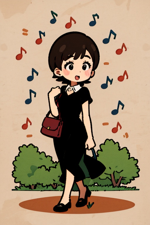 Draw an illustration of a woman in a black dress with a red purse walking happily with musical notes around her. The woman...