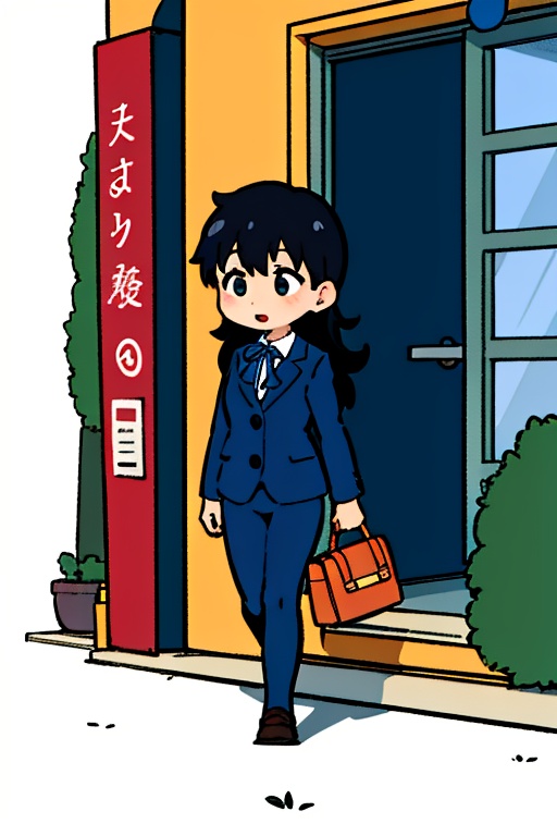 a cartoon girl walking with a red bag and a backpack,  girl wearing uniform,  girl in a suit on Tensor.Art