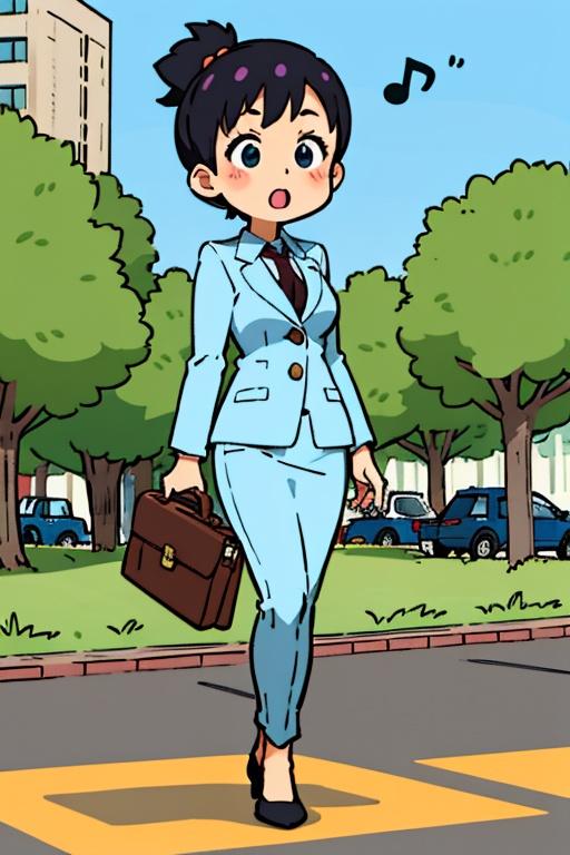 a cartoon girl in a business suit with a briefcase and music notes,  illustration],  business woman on Tensor.Art